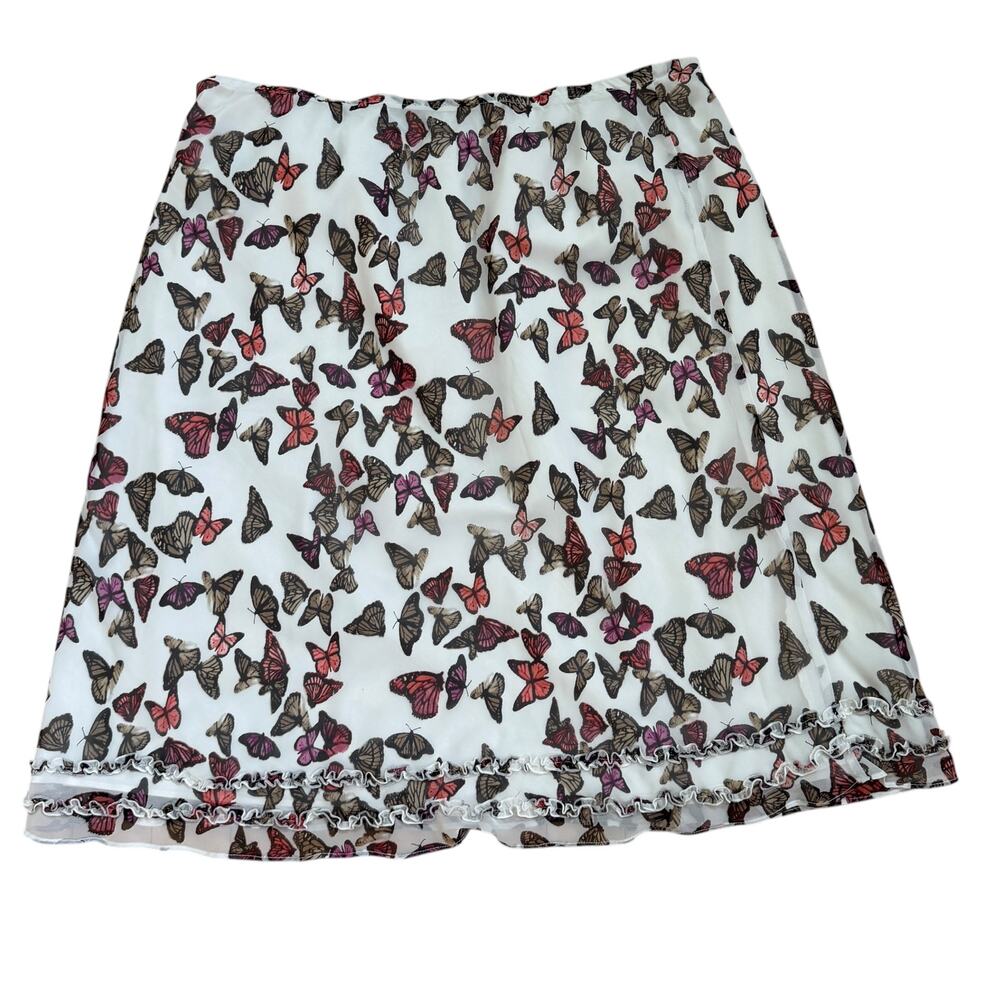 east5th Skirt Womens Size XL White Pink Butterfly Print Chiffon Tiered Ruffle